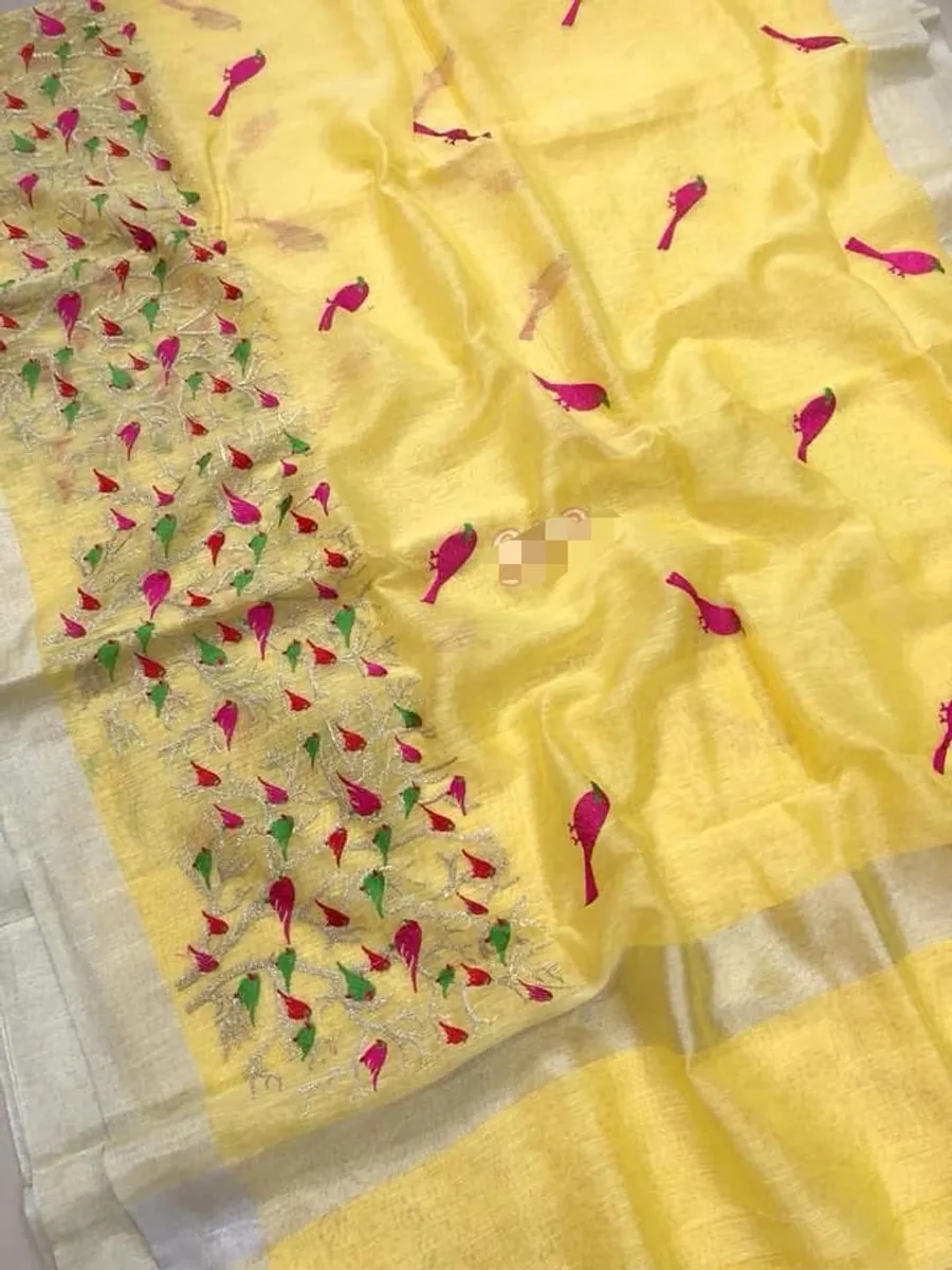 Pure Silk Linen Saree with Jari Border – New Floral & Bird Embroidery Work